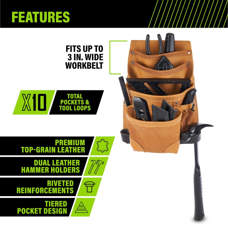 AWP Genuine Leather Premium Tool Pouch Multi-Pocket Organizer for Electricians, Compatible with Work Belts Up to 3 Inches Wide, Professional Tool Box for Efficient Organization, Tan | LT-683-3 - Image 2
